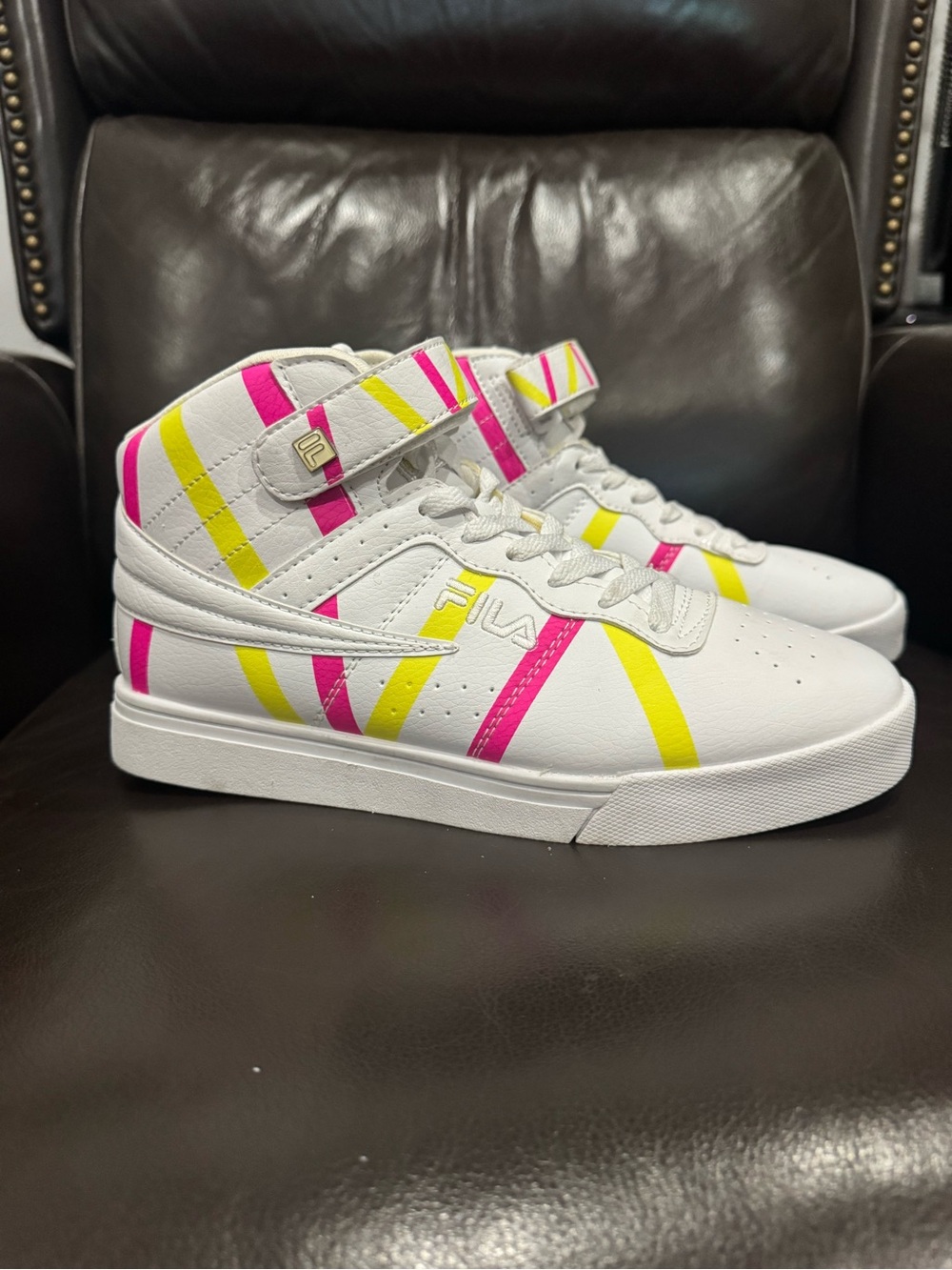 Fila Kidscore White High-Top Y2K Vibe Sneakers with Pink & Yellow Stripes